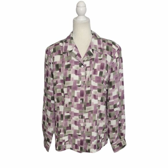 VINTAGE 90s blouse purple geometric print button up padded shoulder‎ top L - Picture 1 of 7